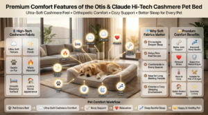 Golden retriever relaxing on the Otis & Claude Hi-Tech Cashmere Pet Bed with infographic highlighting ultra-soft cashmere fabric, supportive bolsters, joint support, warmth, and premium comfort features.
