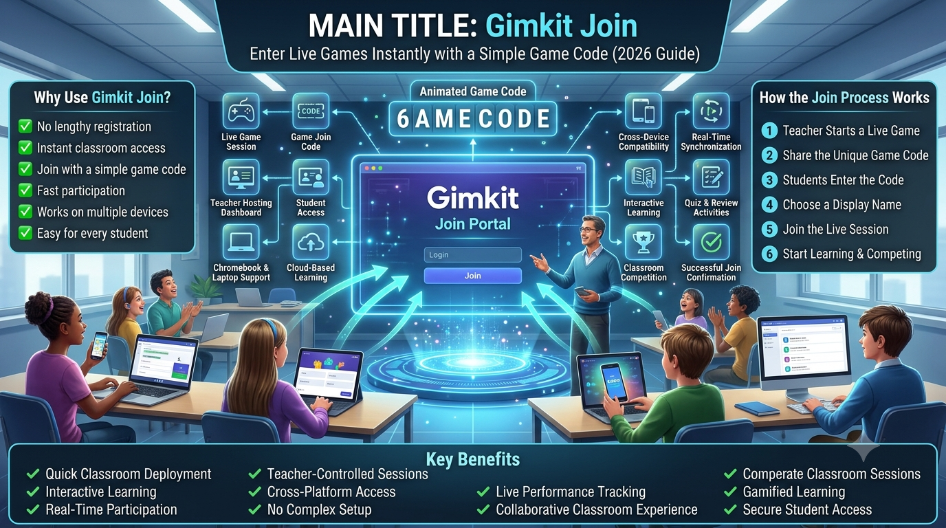 Educational infographic showing a teacher hosting a live Gimkit game while students instantly join using a game code on laptops, tablets, smartphones, Chromebooks, and desktop computers through a secure digital classroom portal.Gimkit Join – How to Enter Live Games Instantly (2026 Guide)