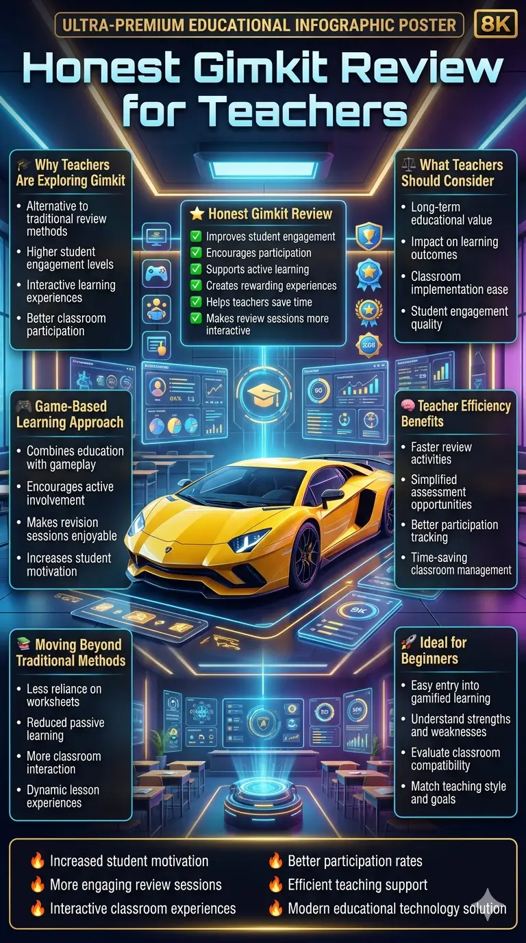Educational infographic reviewing Gimkit for teachers, highlighting game-based learning, student engagement, classroom participation, teacher efficiency, and modern educational technology benefits.Honest Gimkit Review for Teachers: A Beginner-Friendly Guide to Classroom Engagement