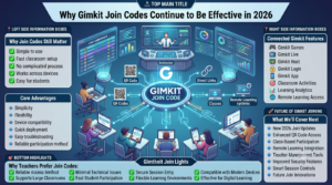 Educational infographic explaining why Gimkit Join Codes remain effective in 2026, highlighting simplicity, flexibility, device compatibility, classroom integration, and future joining technologies.