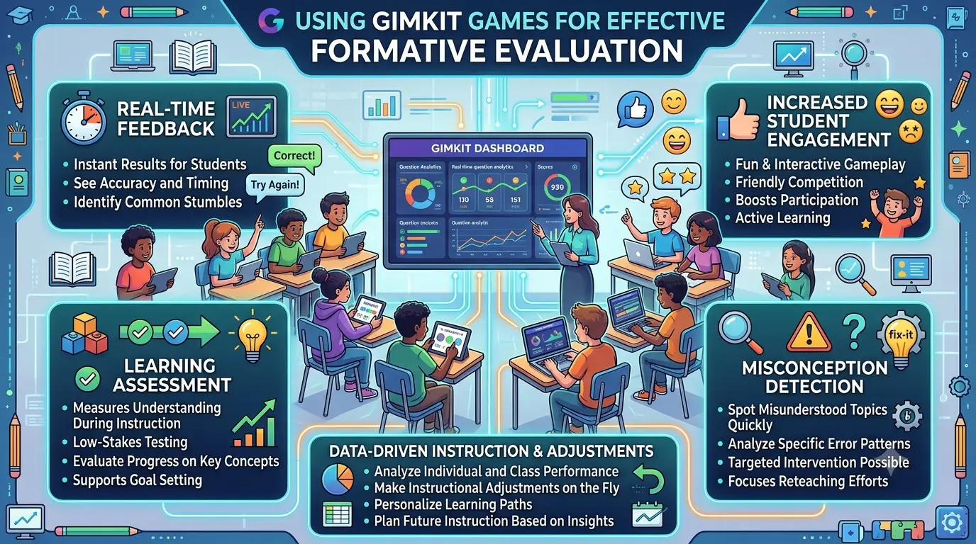 Educational infographic showing formative evaluation methods through Gimkit games, highlighting real-time feedback, student engagement, learning assessment, misconception detection, and data-driven instruction.Formative Evaluation Methods Through Gimkit Games: Advanced Classroom Assessment Guide