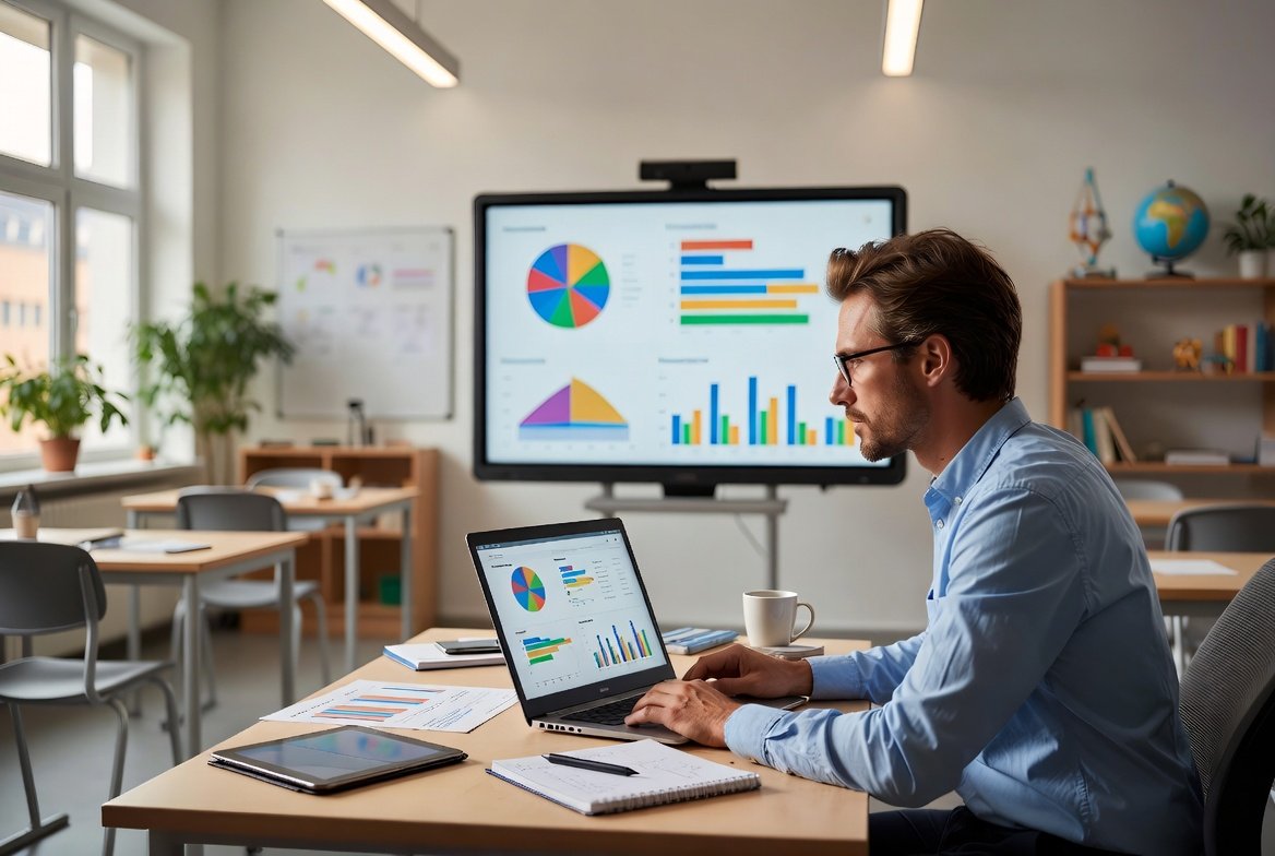 A teacher analyzing digital student performance reports on a laptop with colorful educational charts and analytics in a modern classroom.How to Read Gimkit Student Reports for Better Classroom Assessment