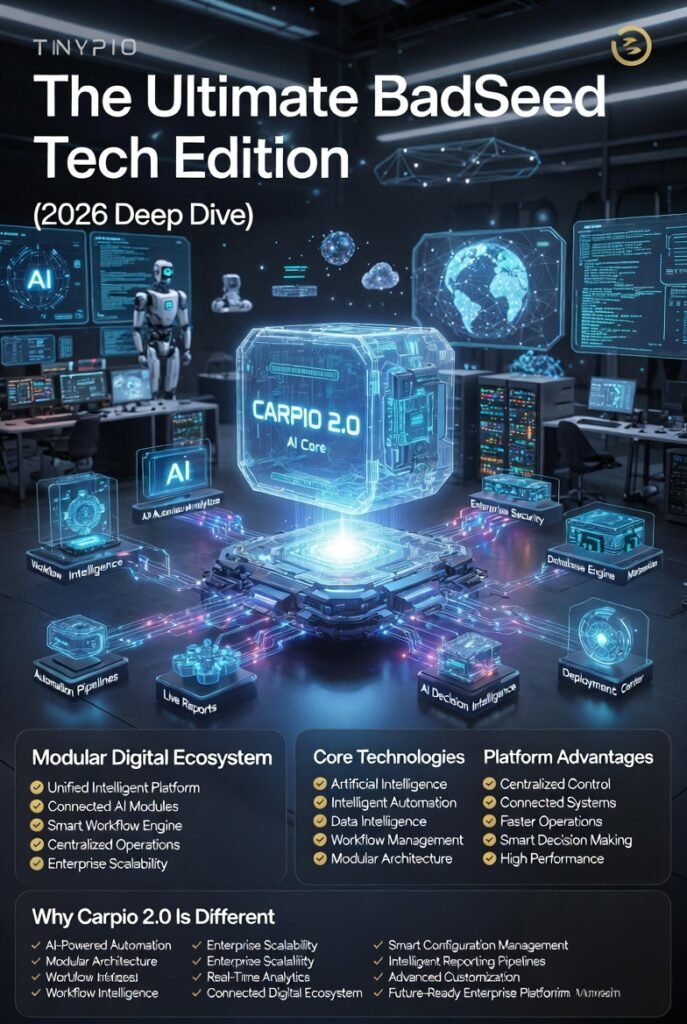 The Ultimate BadSeed Tech Edition (2026 Deep Dive) infographic featuring the Carpio 2.0 modular digital ecosystem with AI automation, workflow management, data intelligence, cloud infrastructure, analytics, enterprise scalability, and interconnected technology modules in a premium 16:9 futuristic design.The Ultimate BadSeed Tech Edition (2026 Deep Dive) – Carpio 2.0 Modular Ecosystem Guide