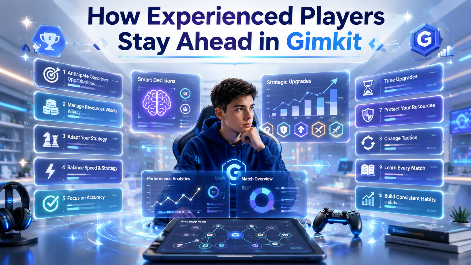 Premium 16:9 hero banner showing an experienced Gimkit player using strategic gameplay with a gaming dashboard, tactical planning interface, performance analytics, upgrades, and blue holographic technology graphics.How Experienced Players Stay Ahead in Gimkit