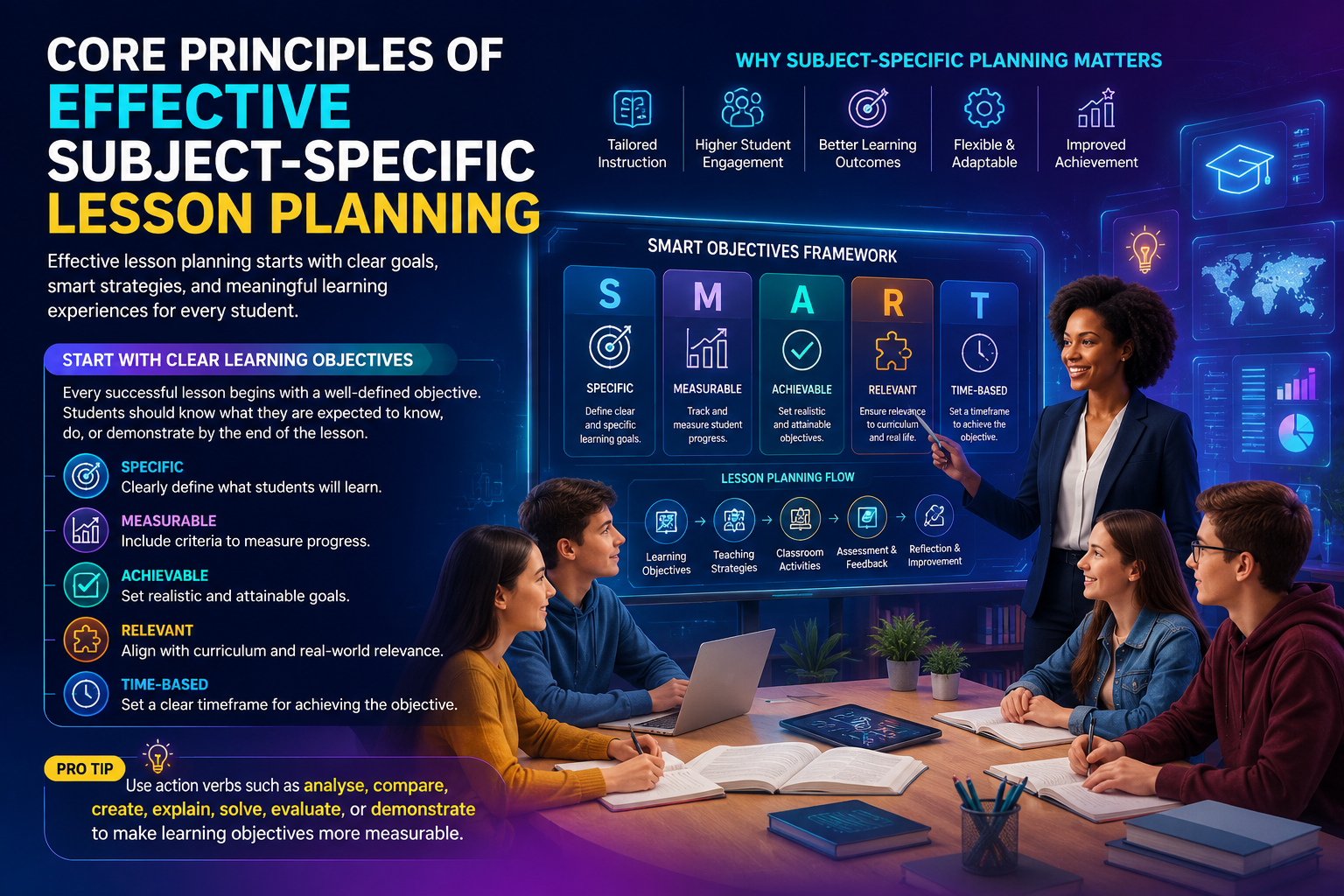 Professional teacher leading diverse students through subject-specific lesson planning activities using interactive digital classroom technology for mathematics, science, language arts, and social studies.Subject-Specific Lesson Planning Ideas for Modern Classrooms | Professional Education Guide