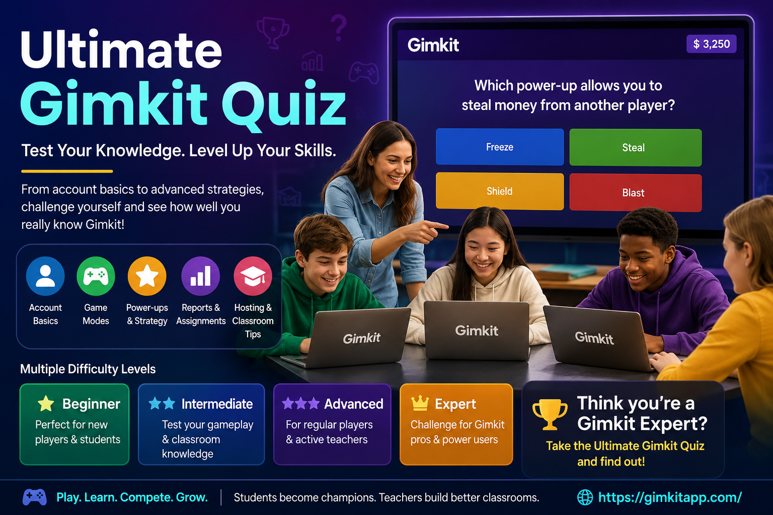 Ultimate Gimkit Quiz: Test Your Knowledge Like a Pro.Ultimate Gimkit quiz showing students and teachers testing their knowledge of Gimkit games, modes, power-ups, assignments, and strategies.