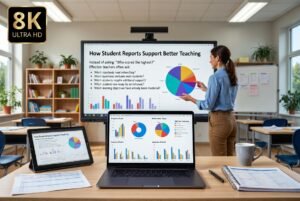 A teacher reviewing student performance reports while a classroom smart board displays questions that help educators use learning data to improve instruction.How Student Reports Support Better Teaching – Data-Driven Classroom Decisions