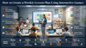 Professional educational infographic showing a step-by-step weekly lesson planning process using interactive games aligned with learning objectives, daily goals, and classroom assessment.