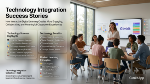 Premium editorial website hero banner showing a modern smart classroom using Gimkit, featuring teachers and students collaborating with educational technology, interactive digital learning, and elegant infographic panels highlighting technology integration success stories.