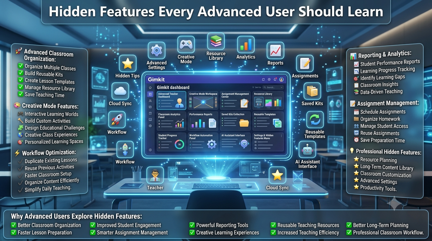 Hidden Features Every Advanced User Should Learn infographic featuring a futuristic Gimkit advanced dashboard with Creative Mode, classroom analytics, assignment management, reusable resources, workflow optimization, reporting tools, and professional teaching features in a premium 16:9 EdTech design.Hidden Features Every Advanced User Should Learn – Advanced Gimkit Guide (2026)