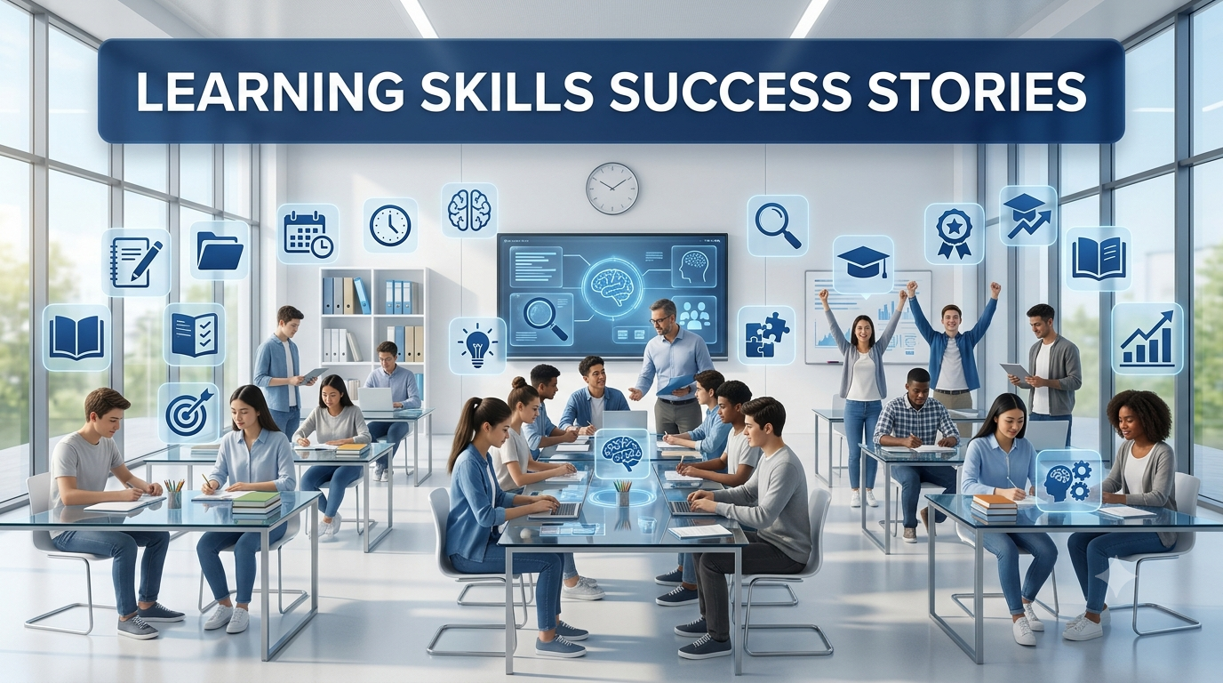 Students developing learning skills through planning, note-taking, organization, time management, research, and independent study in a modern educational environment.Learning Skills Success Stories.Learning Skills Success Best Stories | Latest 15+
