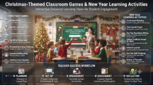 Christmas-themed classroom games and New Year learning activities infographic featuring interactive quizzes, educational teamwork, academic goal setting, holiday problem-solving missions, and festive classroom engagement.