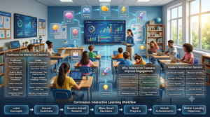 Premium educational infographic comparing Gimkit's interactive learning philosophy with traditional quiz platforms, highlighting continuous learning, strategic thinking, immediate rewards, student engagement, visible progress, teacher facilitation, and collaborative classroom experiences.