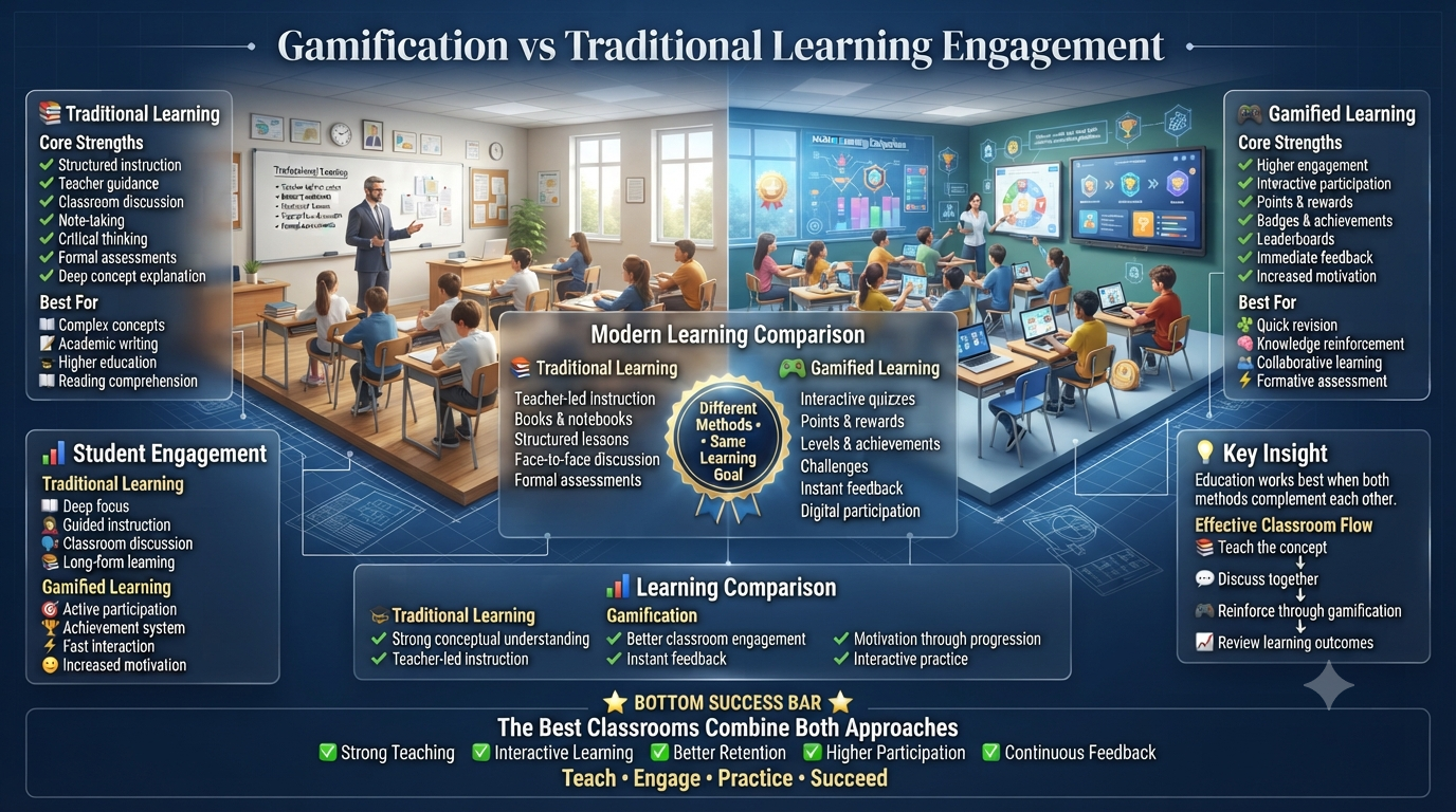 Premium educational infographic comparing gamification and traditional learning engagement, showing teacher-led instruction alongside interactive game-based learning with key differences, benefits, student engagement, motivation, and classroom outcomes.Gamification vs Traditional Learning Engagement – Complete Educational Comparison Guide