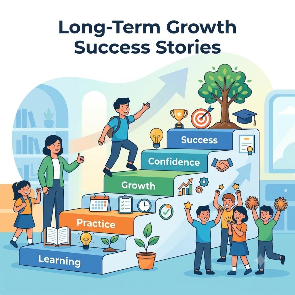 Long-Term Growth Success Stories illustration showing continuous learning, student progress, resilience, and lifelong educational development.Long-Term Growth Success Stories