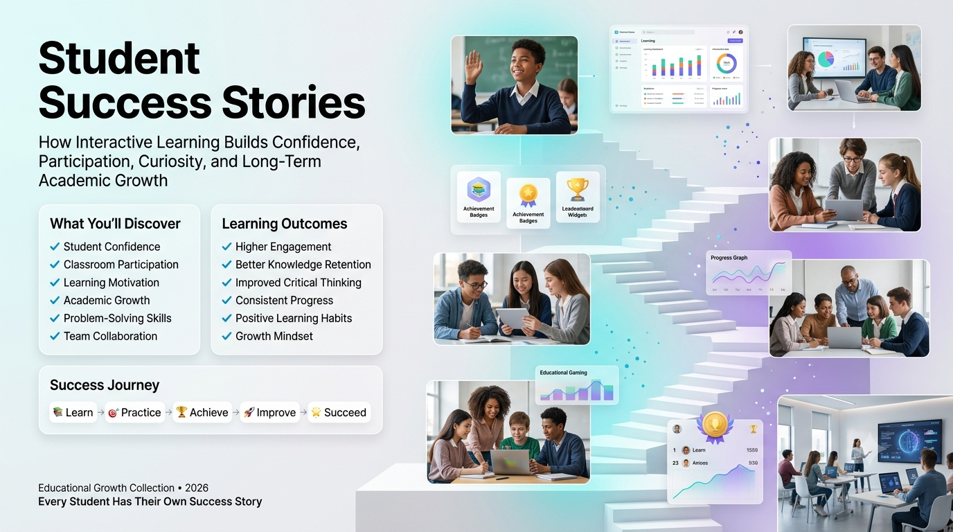 Students celebrating academic success together in a modern classroom while using interactive educational technology to build confidence, collaboration, and learning skills.Student Success Stories: Inspiring Growth Through Interactive Learning