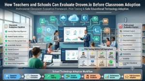 Professional educational infographic illustrating how teachers and schools evaluate Droven.io before classroom adoption using classroom evaluation checklists, pilot testing, privacy assessment, student engagement analysis, and educational technology implementation strategies.