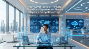Premium 16:9 hero banner showing an experienced Gimkit player using a futuristic tactical command center with predictive strategy maps, resource management, match analytics, and intelligent decision-making dashboards.