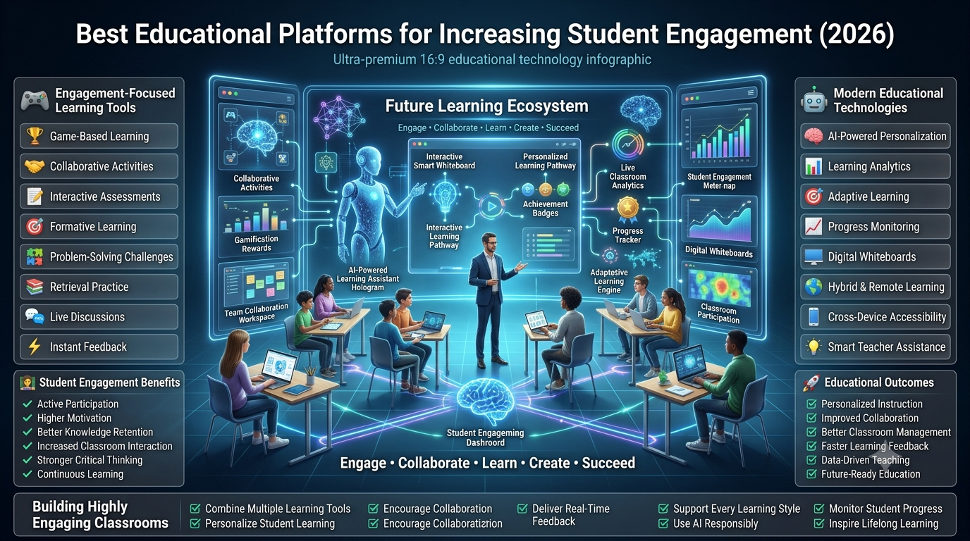 Premium 16:9 educational technology infographic showcasing the best educational platforms for increasing student engagement with AI-powered learning, gamification, collaboration tools, adaptive learning, real-time feedback, and classroom analytics.Best Educational Platforms for Increasing Student Engagement: Complete Guide (2026)