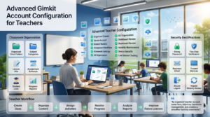 Professional teacher organizing digital classroom settings with account security, class management, workflow optimization, and educational dashboard in a modern smart classroom.Advanced Gimkit Account Configuration for Teachers – Classroom Organization & Security Guide