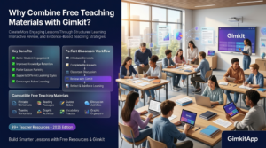 Premium editorial website hero banner showing a teacher combining free teaching materials with Gimkit in a modern classroom, featuring worksheets, reading activities, collaborative learning, interactive quizzes, knowledge retention workflow, and professional infographic panels.