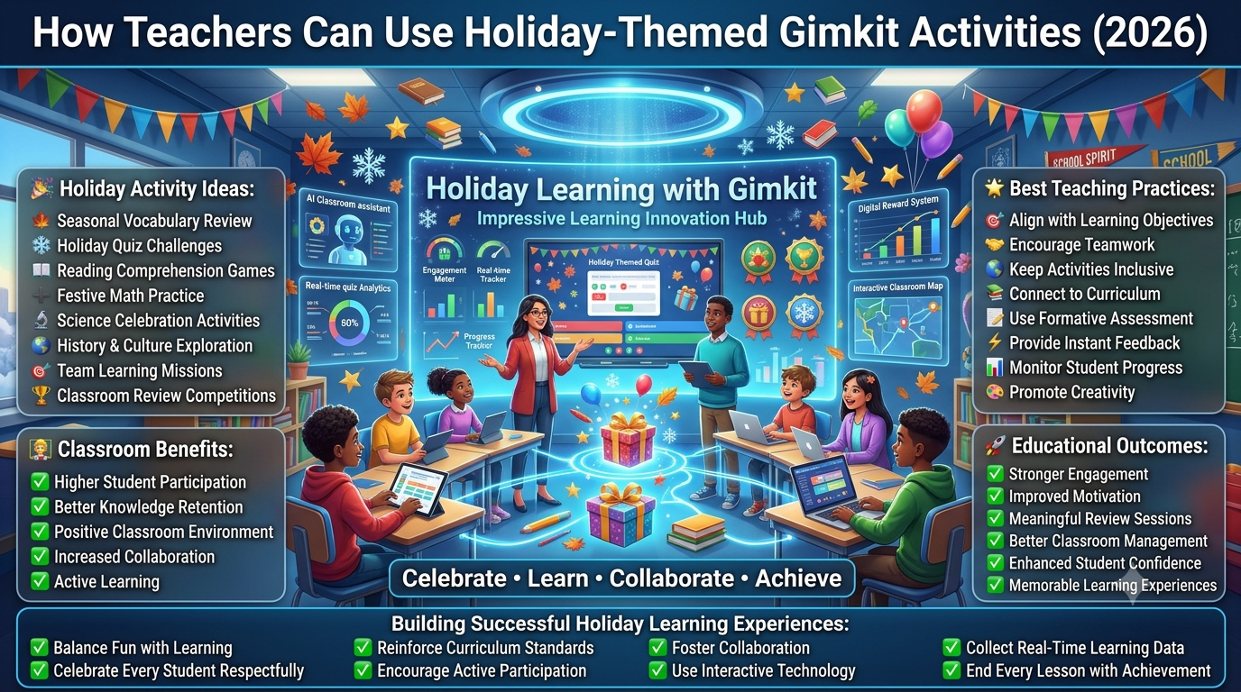 Premium 16:9 educational infographic showing teachers using holiday-themed Gimkit activities to increase student engagement through seasonal quizzes, collaborative learning, formative assessment, inclusive classroom celebrations, and interactive educational technology.How Teachers Can Use Holiday-Themed Gimkit Activities: Complete Guide (2026)