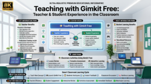 Educational infographic illustrating the teacher and student experience using Gimkit Free, highlighting classroom benefits, formative assessment, lesson review, interactive learning, and active student engagement.