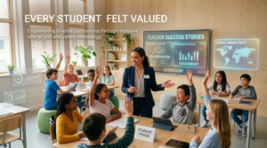 Premium editorial 16:9 hero image featuring an inspiring teacher welcoming a diverse group of students in an inclusive classroom where every learner feels respected, valued, and encouraged to participate.