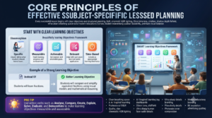 Professional educational infographic explaining the core principles of subject-specific lesson planning with SMART learning objectives, classroom examples, and a teacher guiding students in a modern smart classroom.