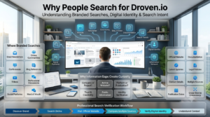Professional technology infographic explaining why users search for Droven.io, how branded searches begin, and how to verify digital identity through trusted online sources.