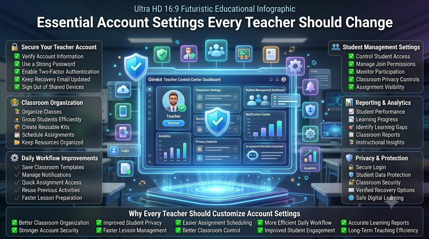 Essential Account Settings Every Teacher Should Change infographic showing a futuristic Gimkit teacher dashboard with account security, classroom organization, student management, reporting tools, privacy controls, assignment settings, workflow improvements, and educational analytics in a premium 16:9 EdTech design.Essential Account Settings Every Teacher Should Change – Complete Teacher Setup Guide (2026)