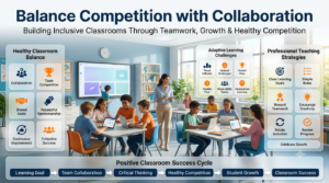 Teacher guiding students in a modern classroom where teamwork and healthy competition are balanced through collaborative learning, adaptive challenges, and interactive educational activities.