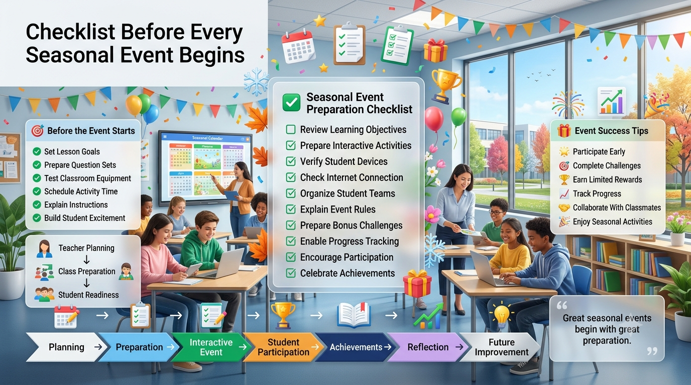 Modern educational infographic showing a seasonal event preparation checklist with classroom planning, student readiness, and interactive learning activities.Checklist Before Every Seasonal Event Begins – Complete Classroom Preparation Guide (2026)
