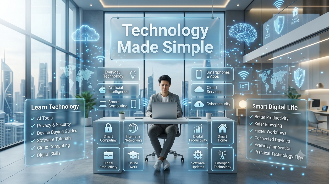 Modern smart workspace featuring AI tools, cybersecurity, cloud computing, smartphones, smart home technology, and digital productivity in a clean futuristic environment.WhatsOnTech – Technology Simplified for Everyday Life (2026 Guide)