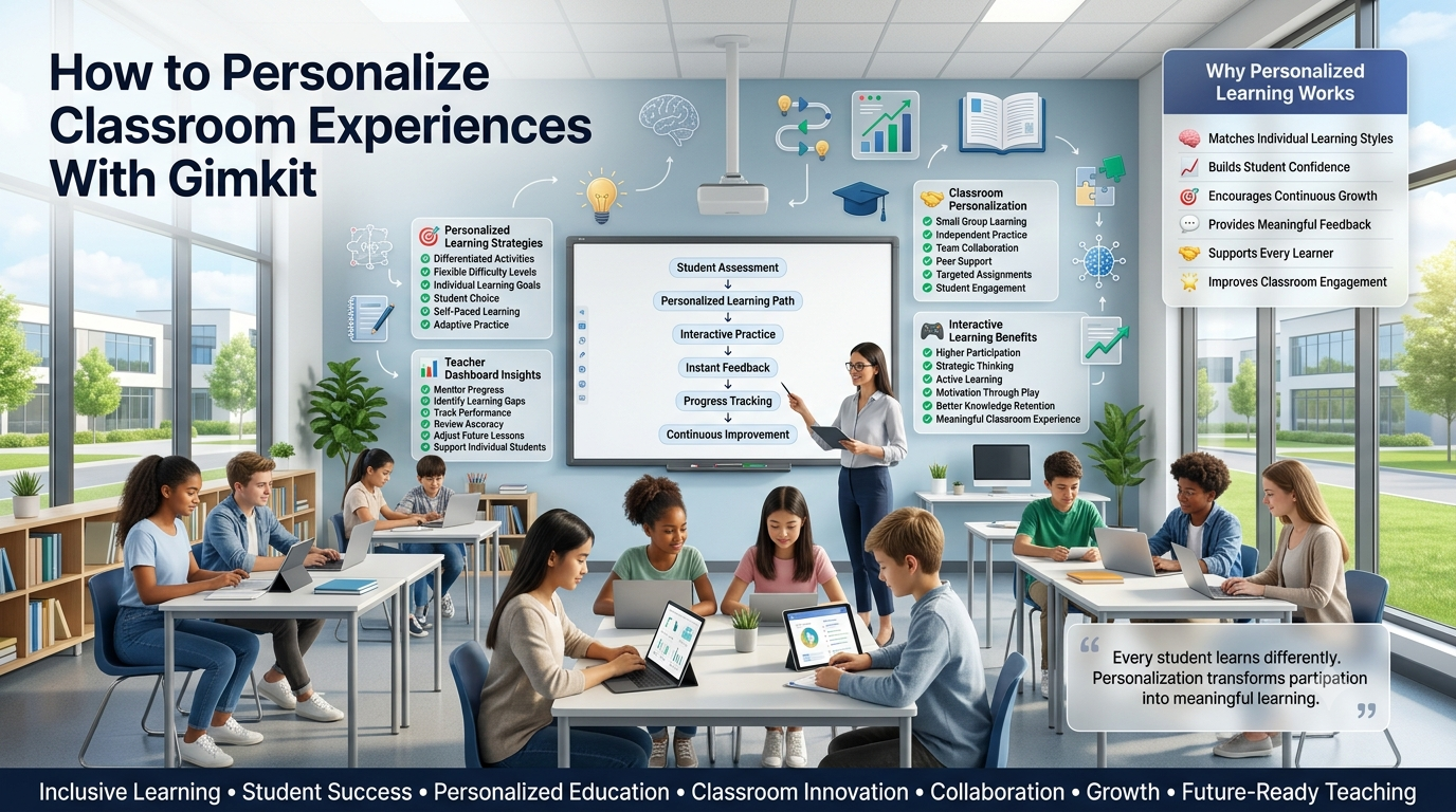 Modern classroom showing a teacher using personalized learning strategies with interactive digital activities, progress tracking, and differentiated instruction.How to Personalize Classroom Experiences With Gimkit – Complete Personalized Learning Guide (2026)