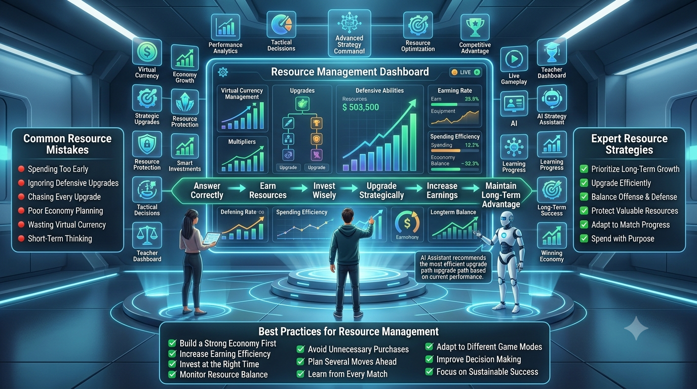 Educational gaming infographic showing a student managing virtual resources, strategic upgrades, earning efficiency, and AI-powered gameplay analytics inside a futuristic digital classroom strategy dashboard.Managing In-Game Resources Like an Expert in Gimkit (2026 Strategy Guide)