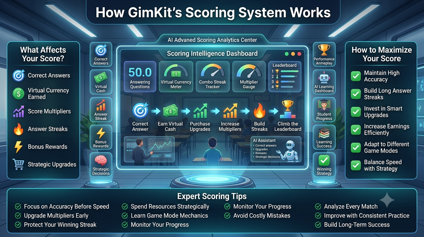 Educational gaming infographic showing a futuristic scoring dashboard with correct answers, virtual currency, multipliers, streaks, leaderboard analytics, and strategic gameplay inside a smart digital classroom.How Gimkit's Scoring System Really Works: Complete Scoring Guide (2026)