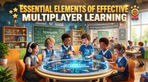 Premium 16:9 educational hero banner showing a teacher guiding students through effective multiplayer classroom activities with collaborative teamwork, equal participation, learning objectives, instant feedback, communication, and interactive digital learning in a modern smart classroom.