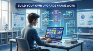 Build Your Own Upgrade Framework strategy illustration showing a student planning Gimkit upgrades with a structured decision-making process.