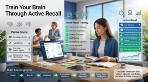 Student practicing active recall using flashcards and a digital quiz while comparing passive review with effective memory retrieval techniques in a modern study environment.