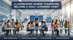 Premium 16:9 educational classroom illustration showing students collaborating daily through teamwork, group discussions, shared problem-solving, and cooperative learning in a modern smart classroom.