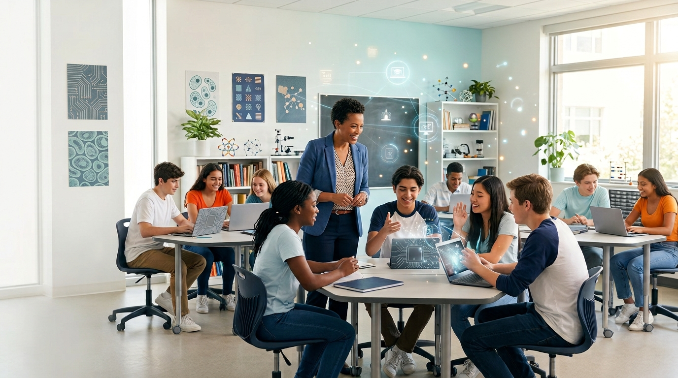 Teacher leading a healthy classroom competition while students collaborate on laptops and tablets in a modern digital classroom with interactive leaderboards, teamwork activities, and educational technology.High-Level Tactics for Competitive Classrooms That Boost Student Engagement