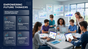 Students collaborating in a modern digital classroom while solving interactive learning challenges on laptops and tablets, developing critical thinking, logical reasoning, and problem-solving skills.