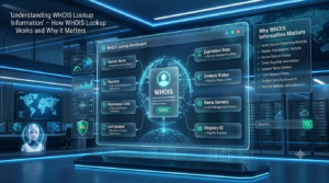 Futuristic WHOIS lookup dashboard displaying domain registration details including registrar, registration date, expiration date, domain status, name servers, and registry information.Understanding WHOIS Lookup Information – Complete Domain Registration Guide