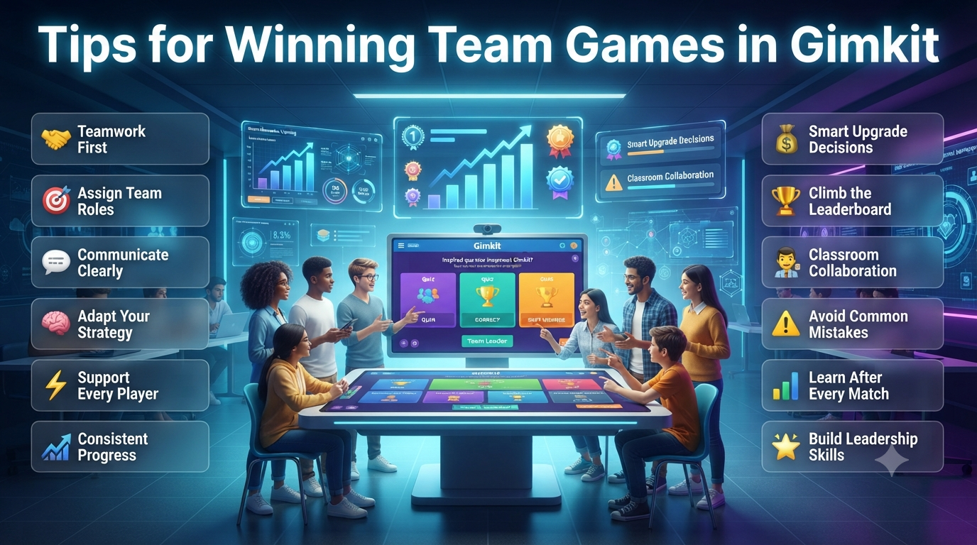 Students collaborating in a Gimkit team game with strategy panels, communication icons, smart upgrades, and leaderboard success in a modern classroom. Tips for Winning Team Games in Gimkit – Best Team Strategy Guide