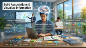 Student creating concept maps and visualizing connected ideas with a glowing brain illustration showing neural pathways and memory networks in a modern classroom.