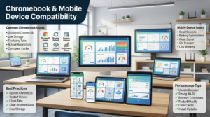 Modern classroom featuring Chromebooks, Android phones, iPhones, and tablets with educational quiz dashboards, compatibility infographic panels, browser optimization tips, and performance improvement recommendations.