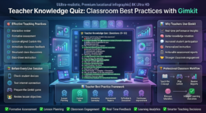 Premium educational infographic featuring a teacher knowledge quiz for Gimkit, highlighting classroom best practices, formative assessment, custom Kits, lesson planning, post-game reports, and instructional strategies.