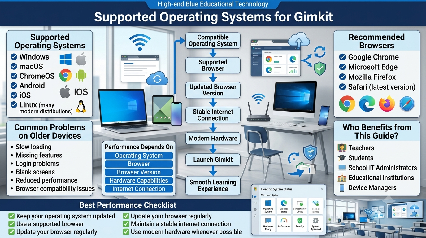 A professional educational technology infographic showing supported operating systems, recommended browsers, compatibility requirements, and performance optimization tips for running Gimkit on desktops, laptops, tablets, Chromebooks, and smartphones.Supported Operating Systems for Gimkit – Device & Browser Compatibility Guide