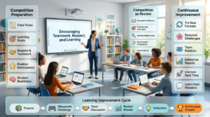Teacher preparing students for a classroom competition by explaining rules, learning goals, teamwork, and review strategies in a modern smart classroom.